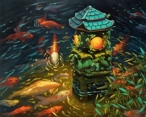 Steinlaterne mit Koi-Fischen, 2023