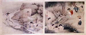 Koreanische Kunst: Frauen waschen ihre Kleidung und kleiden sich, und Frauen machen ihre Toilette und unterhalten sich