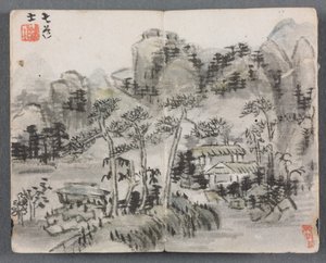 Miniaturalbum mit Figuren und Landschaft (Landschaft mit zwei Gebäuden)