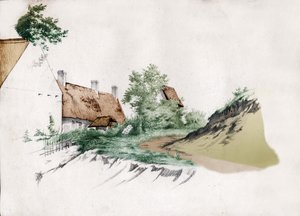 Ein strohgedecktes Bauernhaus in Zentralfrankreich. ca. 1850 (Zeichnung)