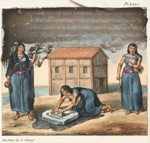 Araucano-Indianerinnen mahlen Mais und spinnen, Chile von Frederick (attr. to) Barnard