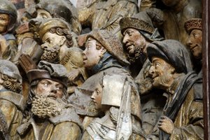 FRANKREICH. Hauts-de-France. SUM. Amiens. Kathedrale Notre-Dame. Südwand des Chors. Detail der Basreliefs, die die Geschichte von Saint Fermin darstellen. Gotische Kunst. Relief von Ferdinand Georg Waldmuller