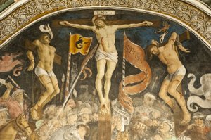 Berühmte Kreuzigungsgruppe von Hans Clemer, Fresko im Chor, Pfarrkirche Chiesa Parocchiale, Elva, Provinz Cuneo, Piemont, Italien, Europa von Ferdinand Georg Waldmuller