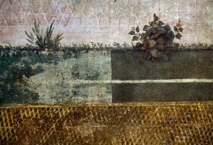 Blumenvase, Detail aus einem Fresko, das einen Garten mit Obstbäumen und Vögeln darstellt, aus dem Haus der Livia auf dem Palatin, Rom, Italien. Römische Zivilisation von Georg Carl Heinrich Dollmann