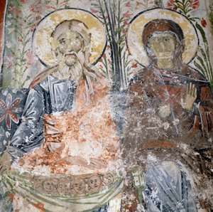 Fresken im Kloster Agios Panteleimon, Insel Tilos, Griechenland
