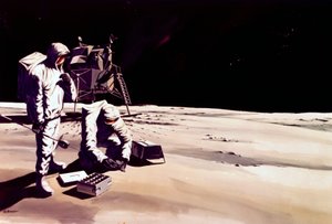 Bemannte Raumfahrt, USA, Apollo, General Künstlerische Darstellung von Astronauten, die auf dem Mond arbeiten