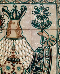 Maiolica-Panel mit allegorischer Szene, Santo Stefano di Camastra, Sizilien, Italien (Detail)
