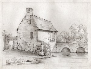 Bauernhaus am Flussufer. circa 1830 (Illustration) von . .