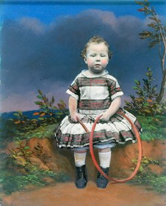 Porträt eines Kindes mit einem Reifen, handkoloriertes Ambrotyp, ca. 1860