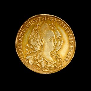 Portugiesische Münze mit Königin Maria I. und ihrem Königsgemahl Pedro III. von Hippolyte Lalaise Devéria
