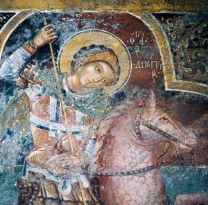 Heiliger zu Pferd, Fresko in der Kirche des Thari-Klosters, Insel Rhodos, Griechenland