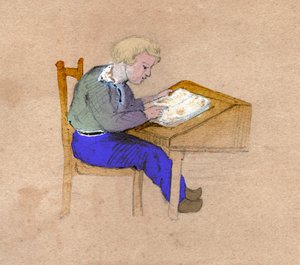 Schuljunge bei der Arbeit an seinem Schreibtisch. circa 1830 (Illustration) von . .