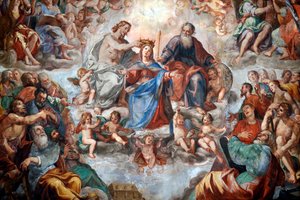 Die Krönung der Jungfrau. Fresko. San Donato Kirche. Genua. Italien. von . .