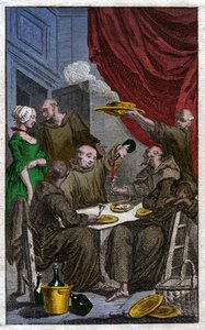 Das Fest der Mönche, die klösterliche Regeln verletzen. Sie trinken Wein, umwerben die Mägde (Gravur)
