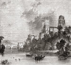 Blick auf Durham und die Kathedrale, gesehen vom Fluss Wear, Durham, England von . .