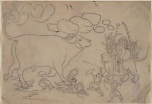 Durga konfrontiert den Büffeldämon Mahisha: Szene aus dem Devi Mahatmya von a first generation master after Nainsukh