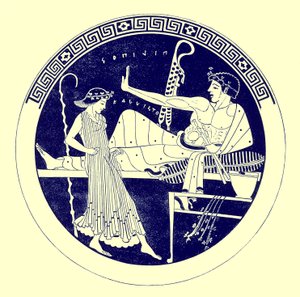 Tanzendes Mädchen und feiernder Jüngling, Illustration aus Griechische Vasenmalereien von J. E. Harrison und D. S. MacColl, veröffentlicht 1894 von after English School