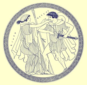 Theseus und Aethra, Illustration aus Griechische Vasenmalereien von J. E. Harrison und D. S. MacColl, veröffentlicht 1894 von after English School