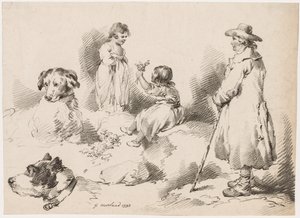 Studien von Kindern (zwei kleine Mädchen); zwei Hunde; ein Mann