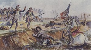 Napoleon wird in der Schlacht von Arcole, Italien, 1796 von seinem Pferd geworfen