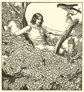 Sir Launcelot klettert, um den Falken der Dame zu fangen
