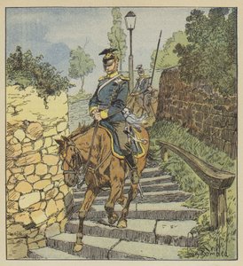 In Châteaudun, Zwei Ulanen reiten die 200 Stufen der Steintreppe hinunter, verfolgt