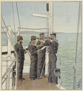 Japanische Wachen beobachten die Flotte von Port-Arthur von after Louis Charles Bombled