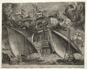 Segelschiffe: Zwei Galeeren segeln hinter einem bewaffneten Dreimaster mit Phaeton und Jupiter am Himmel