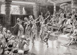 Eine Künstlerimpression aus dem 19. Jahrhundert von Gautamiputra Satakarani, der seinen Sieg über Nahapana feiert, aus Hutchinsons Geschichte der Nationen, veröffentlicht 1915