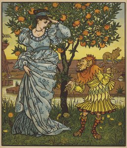Der gelbe Zwerg rettet die Prinzessin vor den Löwen von after Walter Crane