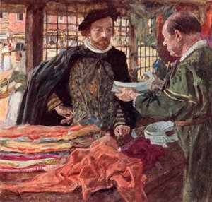 Shakespeare bei einem Tuchhändler, um sich einen der neuen fallenden Kragen zu kaufen, die die Halskrausen ersetzen von after William Hatherell