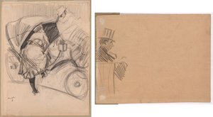 Frau steigt in eine Fiacre (recto); rechtes Profil eines Mannes mit hohem Hut (verso)