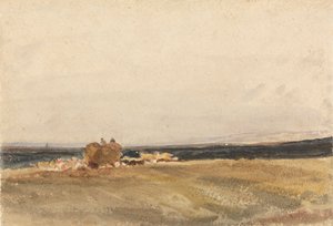 Heuwagen in einer offenen Landschaft von attributed to Peter DeWint