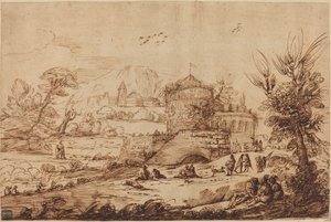 Landschaft mit Festung und Fluss von called Guercino after Giovanni Francesco Barbieri