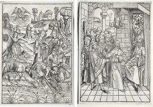 Der Schatzbehalter: Moses wird von der Tochter des Pharao gefunden (recto); Der Schatzbehalter: Christus vor Kaiphas (verso) von firm of Christophe Philippe Oberkampf