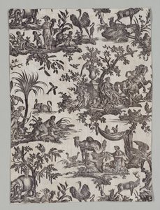 Fragment eines Kupferplatten bedruckten Baumwollstoffs mit "Les quatres parties du monde" Design von firm of Christophe Philippe Oberkampf