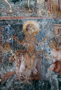 Martyrium Christi, Fresko in der byzantinischen Kirche St. Georg, Komitades, Kreta, Griechenland (Foto)