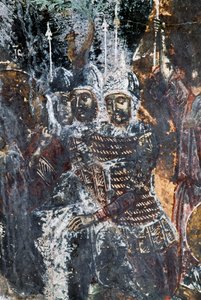 Soldat, beschädigtes Fresko an der Decke der Kirche von Agios Vasileios, Vavouledo, Kreta, Griechenland (Foto) von Theodore Charles Ange Coquelin