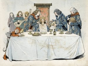 Ein kleines Mädchen mit Krone sitzt an einem Banketttisch auf einem Thron. Ein großer Diener schenkt ihr ein Getränk ein, ein großer Korbmacher schneidet Brot und ein großer Kammerdiener bindet ihr ein Handtuch um den Hals. Troubadoure und ein Zwerg unterh