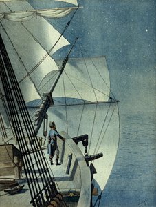 Kampagne (Expedition) von Ägypten (1798-1801): Rückkehr von Alexandria nach Ägypten an Bord der Fregatte „La Muiron“, Napoleon I. Bonaparte (1769-1821) allein auf dem Deck des Schiffes betrachtet das Mittelmeer bei Nacht von pseudonym for Onfray de Breville Jacques Job