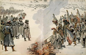 Russlandfeldzug (1812): Während des Rückzugs aus Russland befiehlt Napoleon I. Bonaparte (1769-1821), Fahnen und Adler zu verbrennen, um zu verhindern, dass der Feind sie erobert. In „Napoleon“ von Georges Montorgueil. Illustration von Jacques Marie Gaston von pseudonym for Onfray de Breville Jacques Job