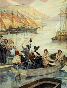 Abfahrt von Ajaccio auf Korsika am 15. Dezember 1778; Charles Bonaparte (1746-1785) segelte mit seinen Söhnen Joseph Bonaparte (1768-1844) und Napoleon I. Bonaparte (1769-1821) und seinem Schwager Joseph Fesch (1763-1839) nach Marseille, um nach Versailles von pseudonym for Onfray de Breville Jacques Job