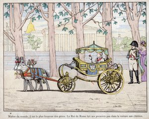 Kaiser Napoleon I. Bonaparte mit seinem Sohn Prinz Napoleon Franz Karl Joseph Bonaparte, der König von Rom Napoleon II. wurde, später auch Aiglon genannt - Napoleon beobachtet den König von Italien (Napoleon II.) bei seinen ersten Schritten in einem Ka