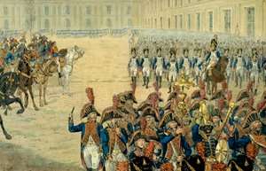 Erste Überprüfung der Konsulargarde im Hof der Tuilerien durch Napoleon I. Bonaparte. Nach der Annahme der Verfassung im Jahr 1800 verließ die Regierung das Palais du Luxembourg und zog in die Tuilerien. Am Tag seiner Installation überprüfte der Erste Kon von pseudonym for Onfray de Breville Jacques Job