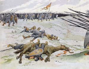 Französisch-Englischer Krieg (1202-1214): Gefallene Soldaten in der Schlacht von Bouvines am 27.07.1214, die die französische Armee von Philippe Auguste gegen die Flamen und Welfen von Othon IV. stellte. In „Frankreich, seine Geschichte erzählt von G. Mont von pseudonym for Onfray de Breville Jacques Job