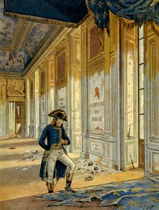 Französische Revolution von 1789: Napoleon I. Bonaparte (1769-1821) im Thronsaal des Tuilerienpalastes nach dem Durchzug der Revolutionäre, die den Ort verwüsteten (Illustration)