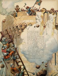 Geschichte Frankreichs im Mittelalter: Jeanne Laisne genannt Jeanne Hachette (gestorben 1454) verteidigt die Stadt Beauvais mit anderen Frauen, die während der Belagerung der Stadt im Jahr 1472 durch König Karl den Kühnen kochendes Öl von den Türmen werfen von pseudonym for Onfray de Breville Jacques Job