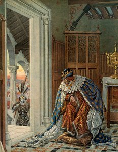 Geschichte Frankreichs im Mittelalter: Der König von Frankreich Ludwig XI., genannt der Kluge (1423-1483), hat Angst vor dem Tod und kommt in Rüstung an die Tür. Illustration von Jacques Marie Gaston Onfray de Breville, genannt JOB (1858-1931)