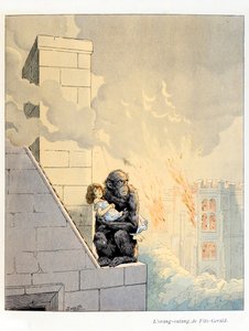 Illustration aus dem Buch „A la gloire des betes“ Text von A Fabre, Zeichnungen von Jacques Marie Gaston Onfray de Breville dit JOB (1858-1931), Verlag Maison Alfred Mame et fils: Der Orang-Utan von Fitz-Gerald (Duke of Leicester, Marquis de Ki)