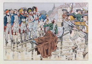 Jacques Marie Gaston Onfray de Breville dit JOB (1858 - 1931); Illustration aus dem Buch „Les épées de France“: Der Marquis de Bonchamps, tödlich verwundet nach der Schlacht von Cholet im Jahr 1793, rettet republikanische Gefangene aus den Händen der Choua von pseudonym for Onfray de Breville Jacques Job